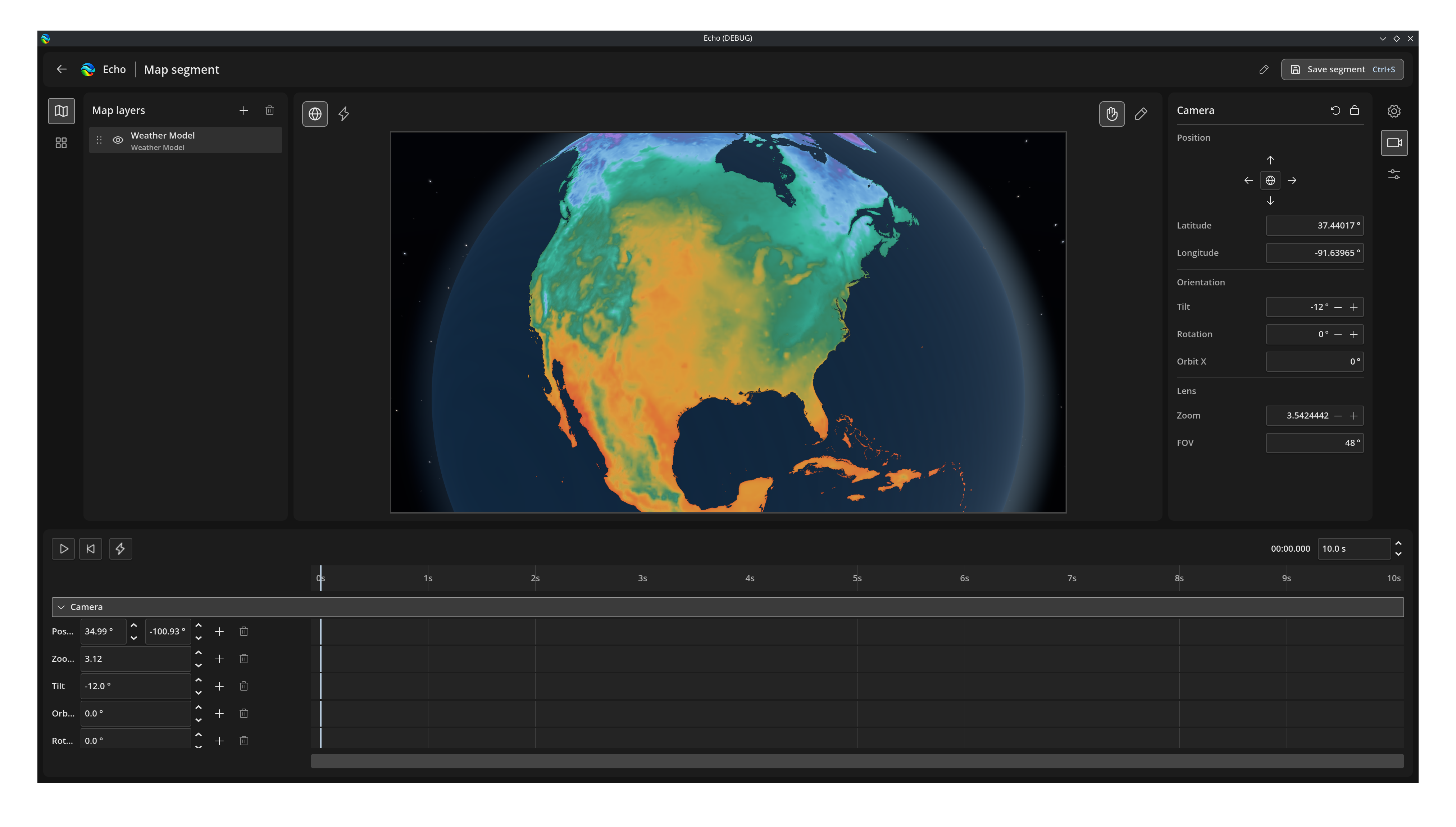 Echo’s globe editor showing weather model data over North America, with layer controls and a camera animation timeline.